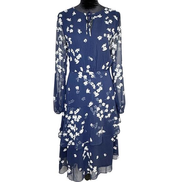 BANANA REPUBLIC Factory Navy Blue Daisy Floral Tiered Midi Long Sleeve Dress 10 - Picture 1 of 7